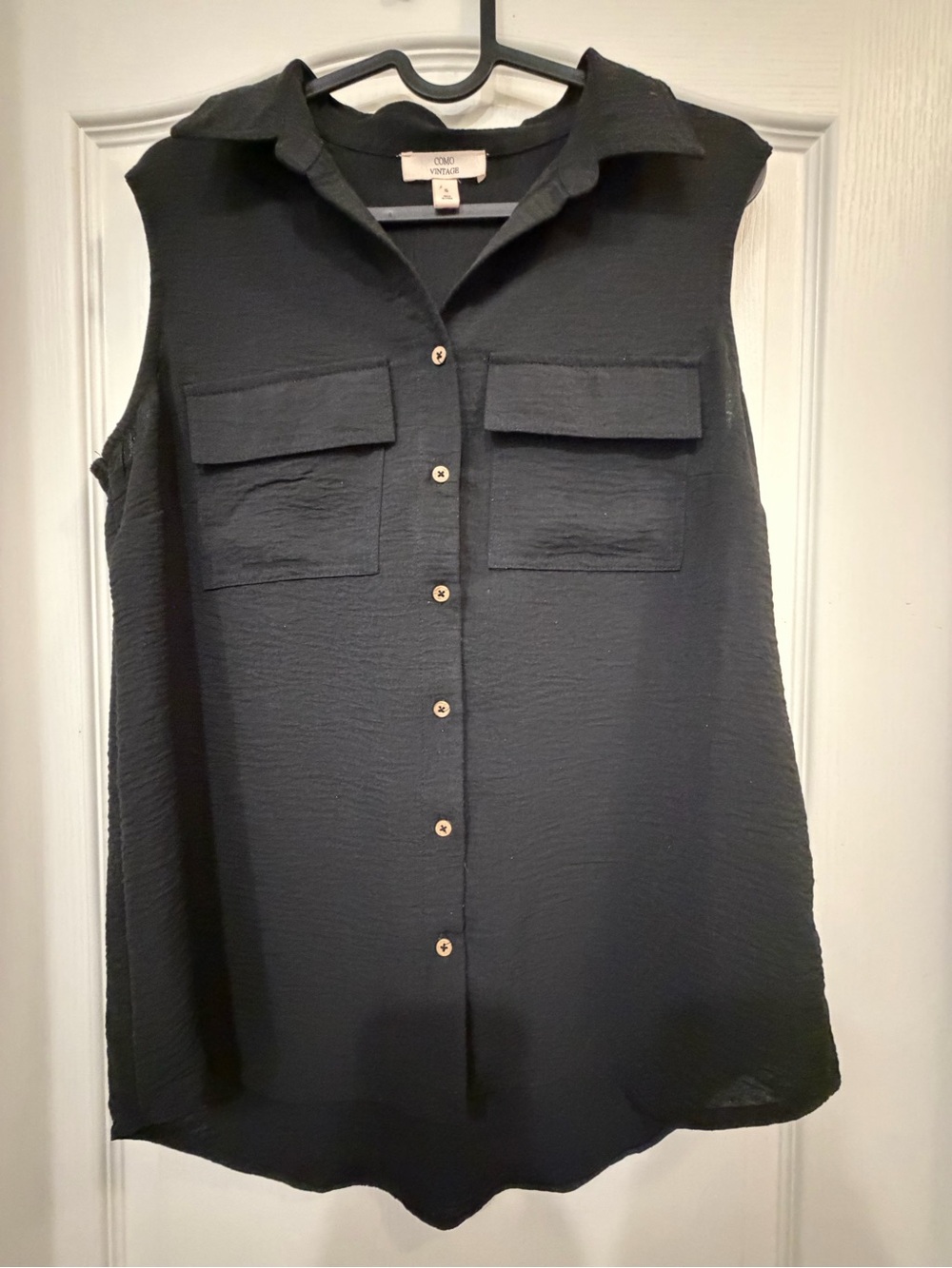 Como Vintage Black Sleeveless Utility Button Down Blouse Size S Pockets